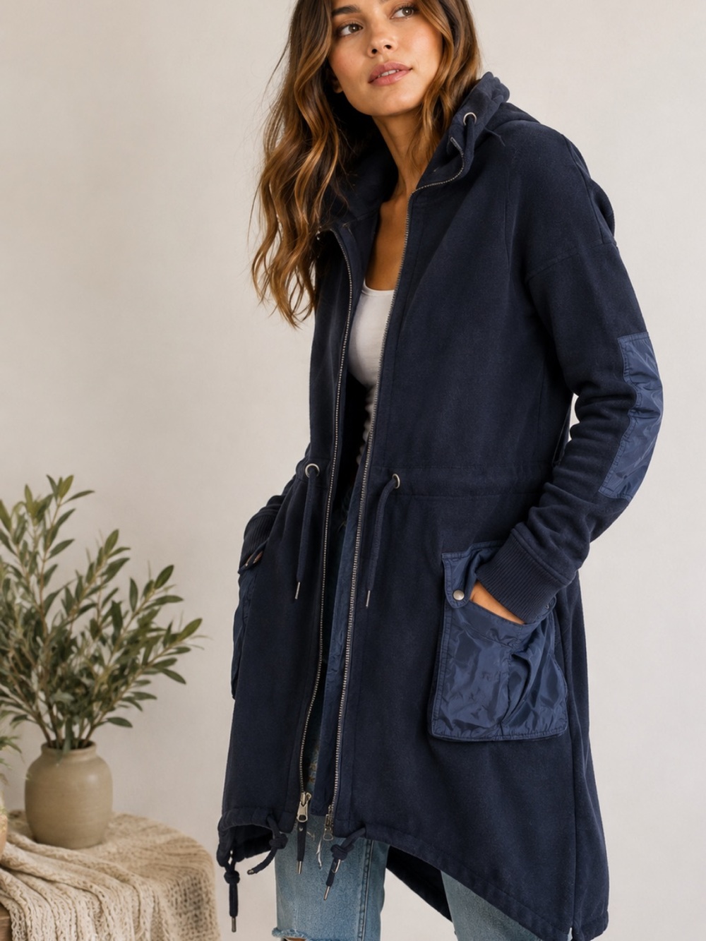 Free People Hooded Long Cardigan Jacket Womens XS Full Zip Navy Sweater Coat